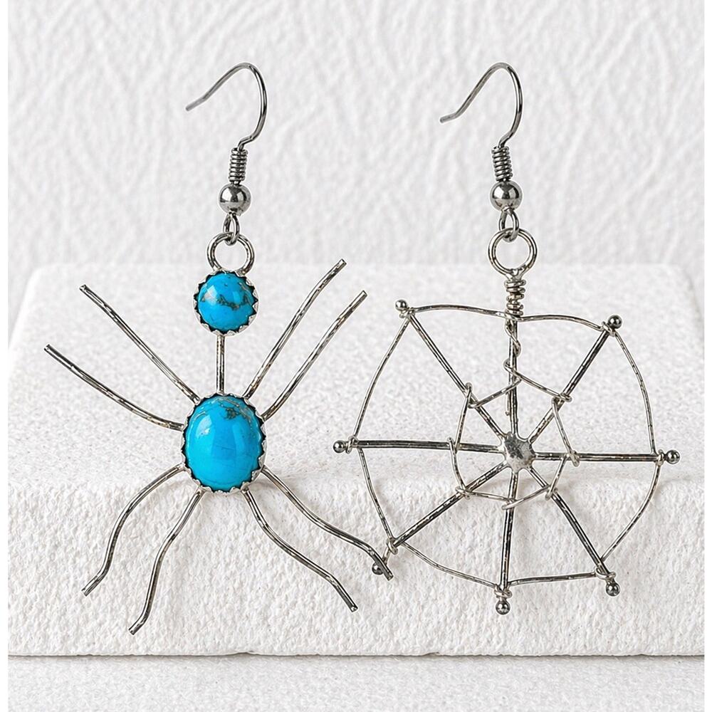 Turquoise Sterling Silver Earrings Gothic Western Dangle Spider Web Artisan SW